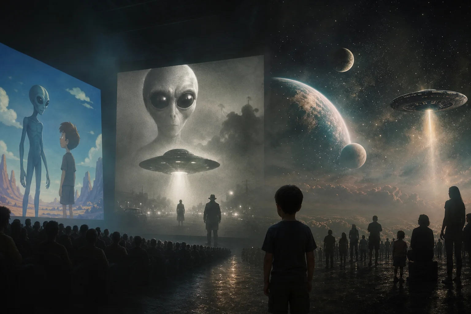 Các bóng alien archetype được chiếu từ màn hình animation, cinema và space vào imagination tập thể, như disclosure myth stack