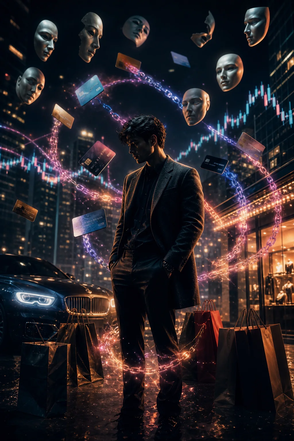 Mặt nạ địa vị, thẻ tín dụng, túi mua sắm, chart leverage và đèn dopamine tạo thành xiềng xích vô hình quanh một người