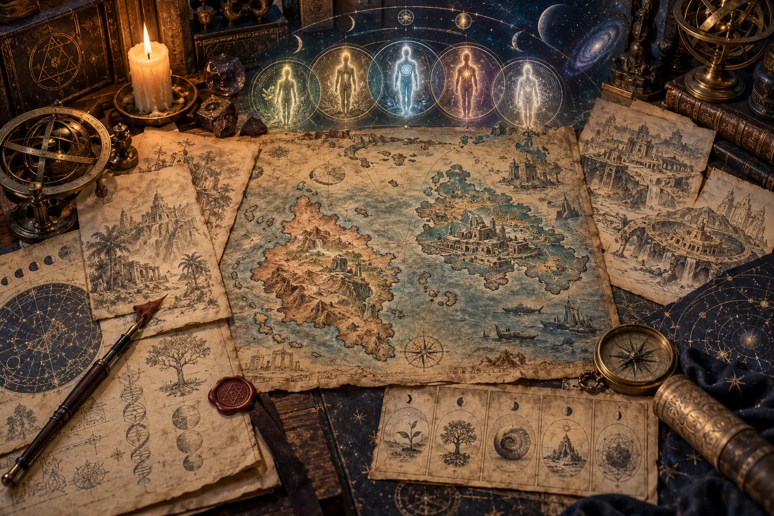 Những lớp bản thảo thế kỷ XIX hòa vào bản đồ Lemuria, Atlantis và năm chủng nhân loại, minh họa dòng truyền tư tưởng Thông thiên học