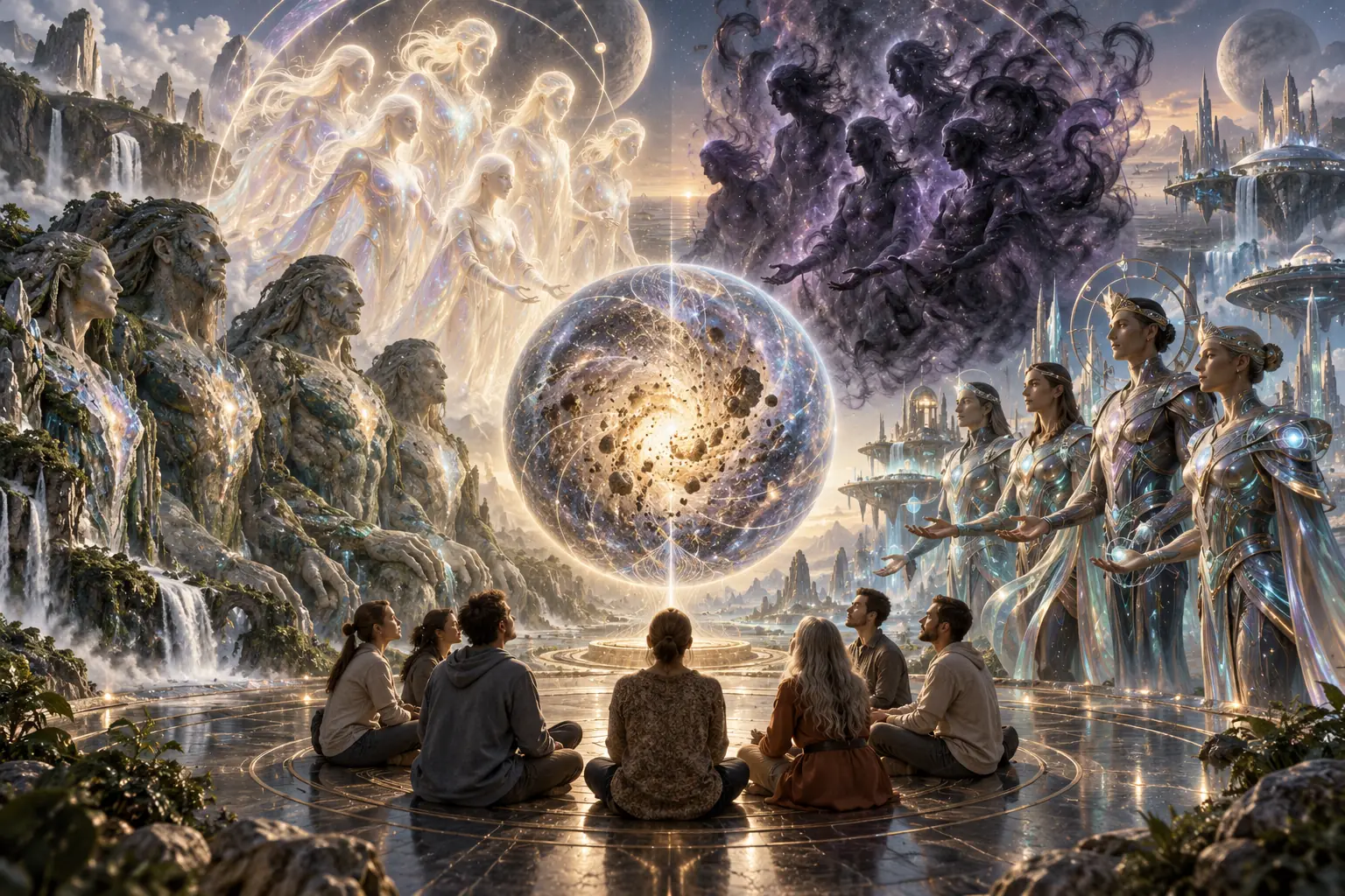 Năm hình thái đứng thành vòng cung từ ánh sáng vô hình, bóng ma, người Lemuria khổng lồ, Atlantis công nghệ và con người hiện đại