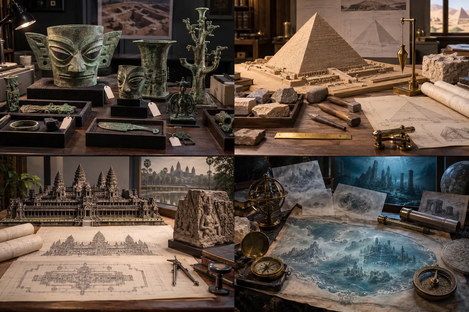 Một bàn nghiên cứu chia thành bốn ô: Kim tự tháp Giza, Angkor Wat, Sanxingdui và bản đồ lục địa chìm, mỗi ô mang loại bằng chứng khác nhau