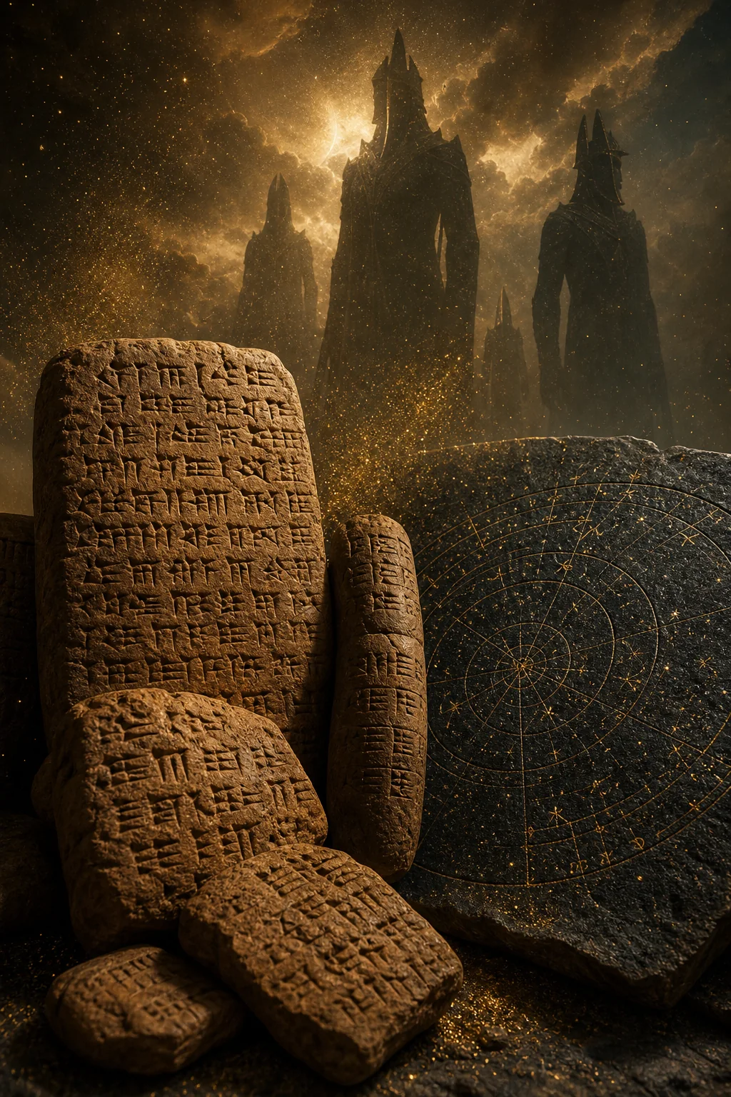 Bảng đất sét Sumer, bản đồ sao và bụi vàng, với sky rulers như archetype của giả thuyết Nibiru Annunaki