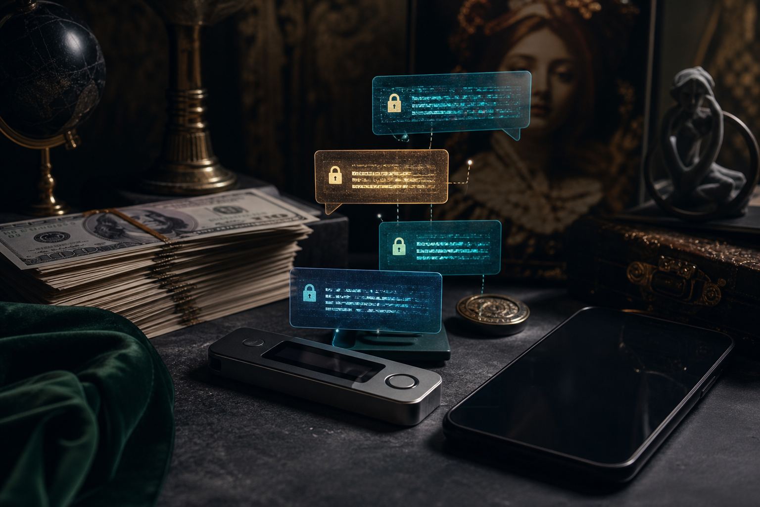Cash, hardware wallet, tin nhắn mã hóa và điện thoại tắt sáng trên một bàn tối, như bộ công cụ financial privacy và chủ quyền cá nhân