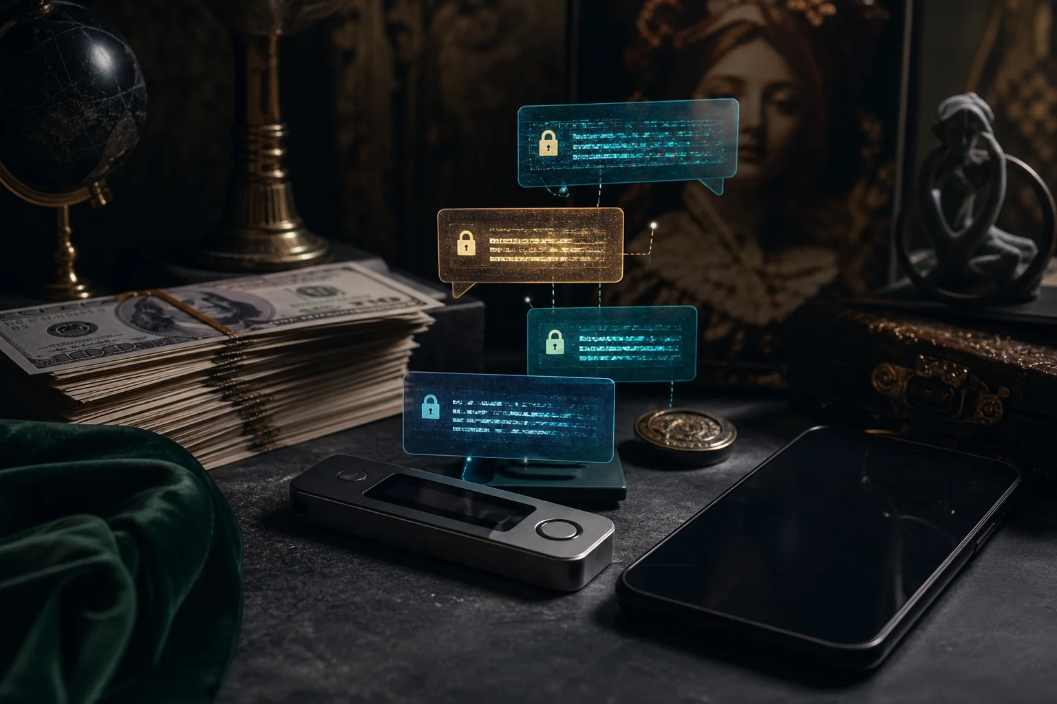 Cash, hardware wallet, tin nhắn mã hóa và điện thoại tắt sáng trên một bàn tối, như bộ công cụ financial privacy và chủ quyền cá nhân