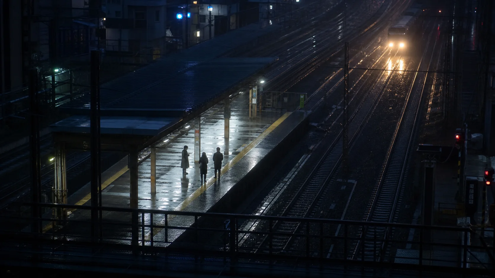 Sân ga Tokyo trong đêm mưa, ba bóng người ở mép đường ray và đoàn tàu tiến đến, thể hiện bi kịch mà không tái hiện đồ họa