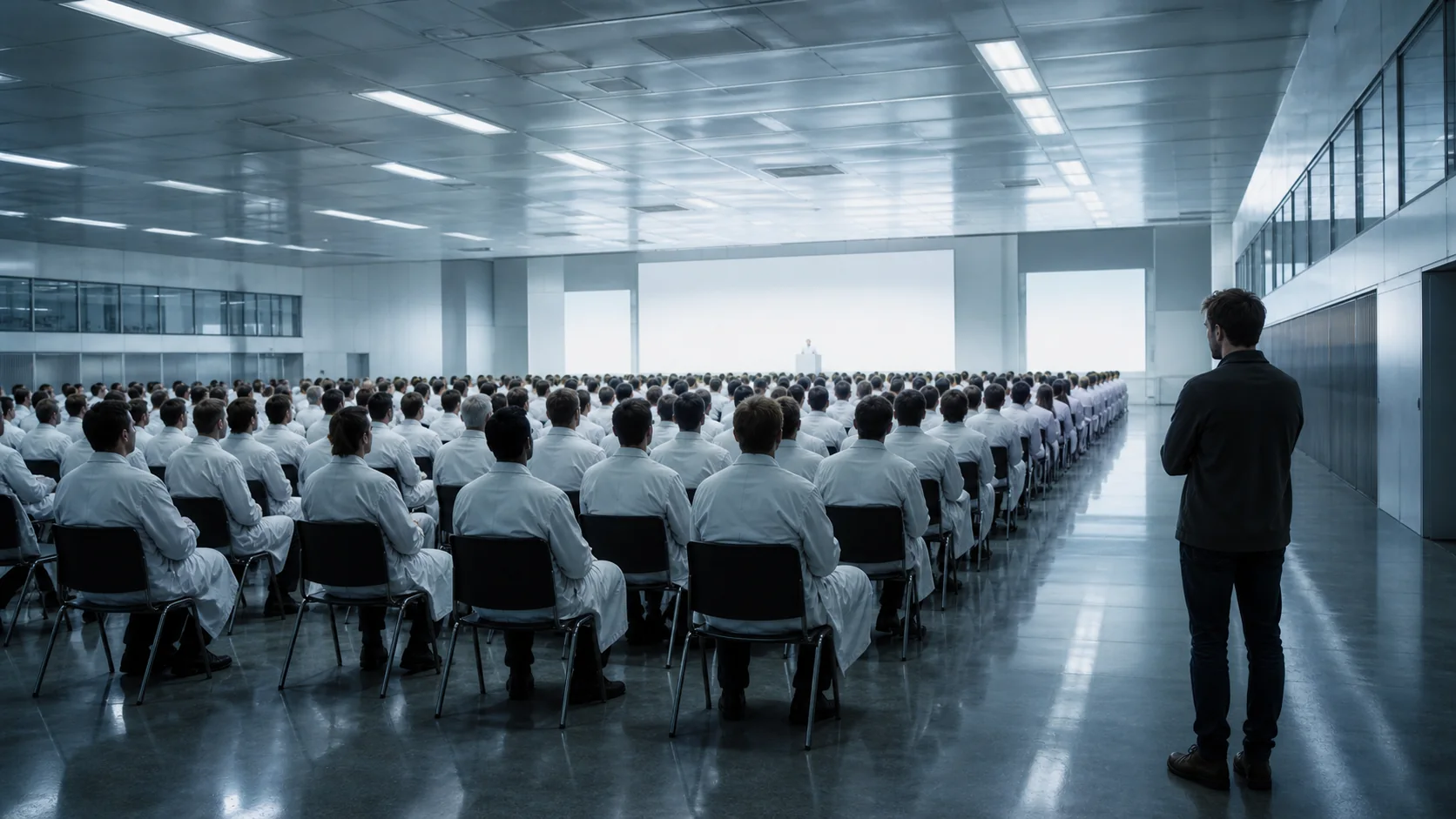 A conference hall of identical white coats facing one dissenting observer under cold institutional light