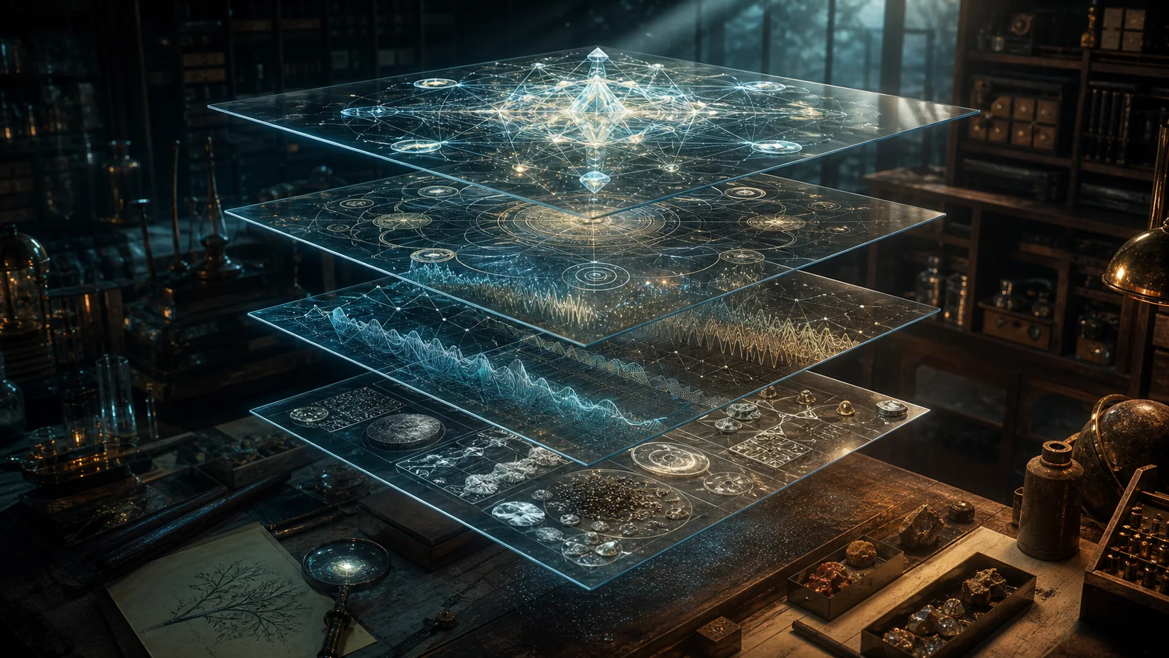 Four transparent layers labeled fact, pattern, symbol, synthesis over a laboratory archive
