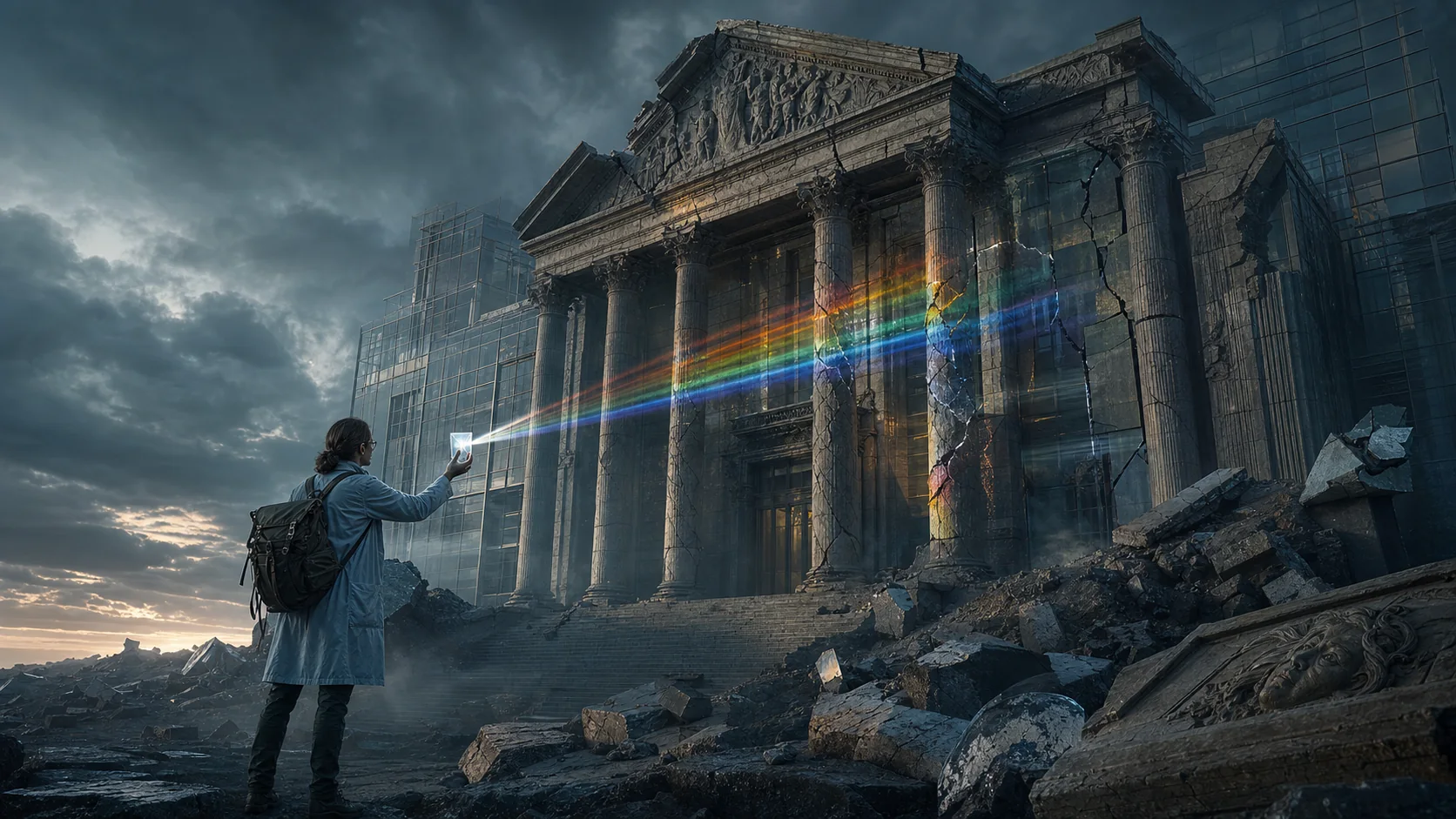 Scientist before a fractured institutional temple, holding a prism of evidence