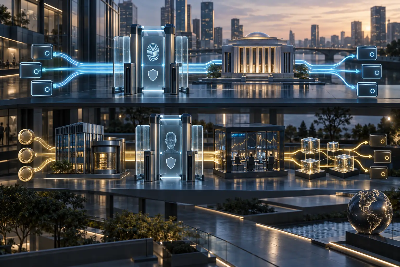 Hai đường ray song song: một bên CBDC trực tiếp từ ngân hàng trung ương, một bên stablecoin tư nhân nhưng cùng đi qua xác minh danh tính khách hàng và kiểm soát