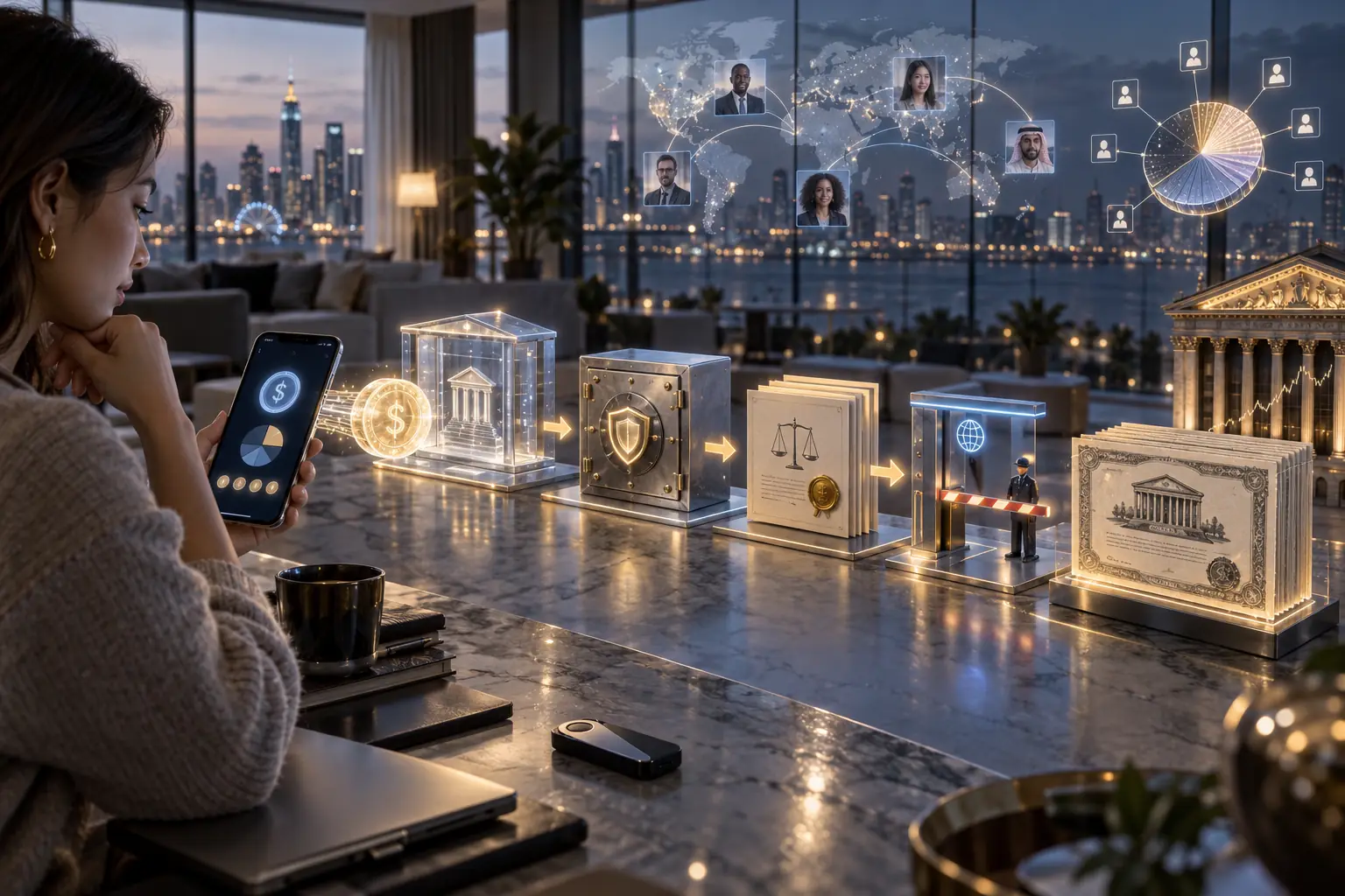 Một người dùng đổi USDC lấy sản phẩm mã hóa gắn với cổ phiếu toàn cầu trên chuỗi khối, với hàng rào xác minh danh tính và pháp lý bao quanh