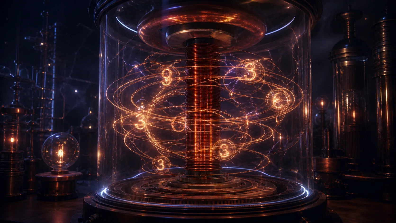 Numbers 3 6 9 orbiting inside a resonant coil, not as meme but as living mathematical rhythm