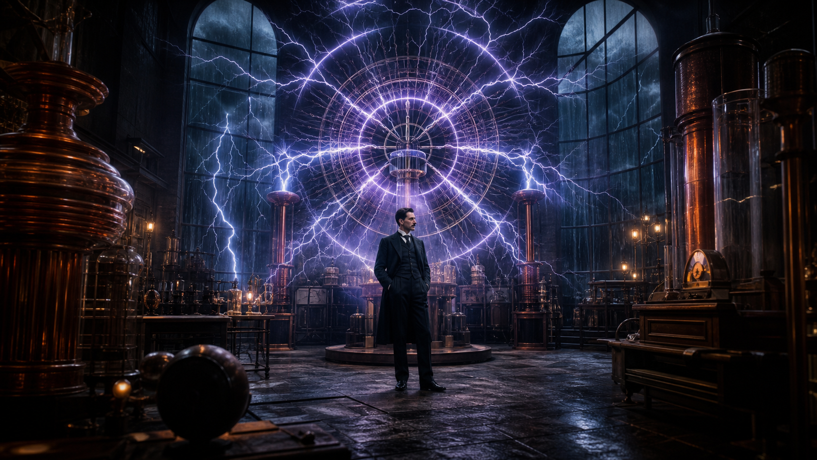 Nikola Tesla archetype in a storm-lit laboratory, coils glowing like sacred geometry