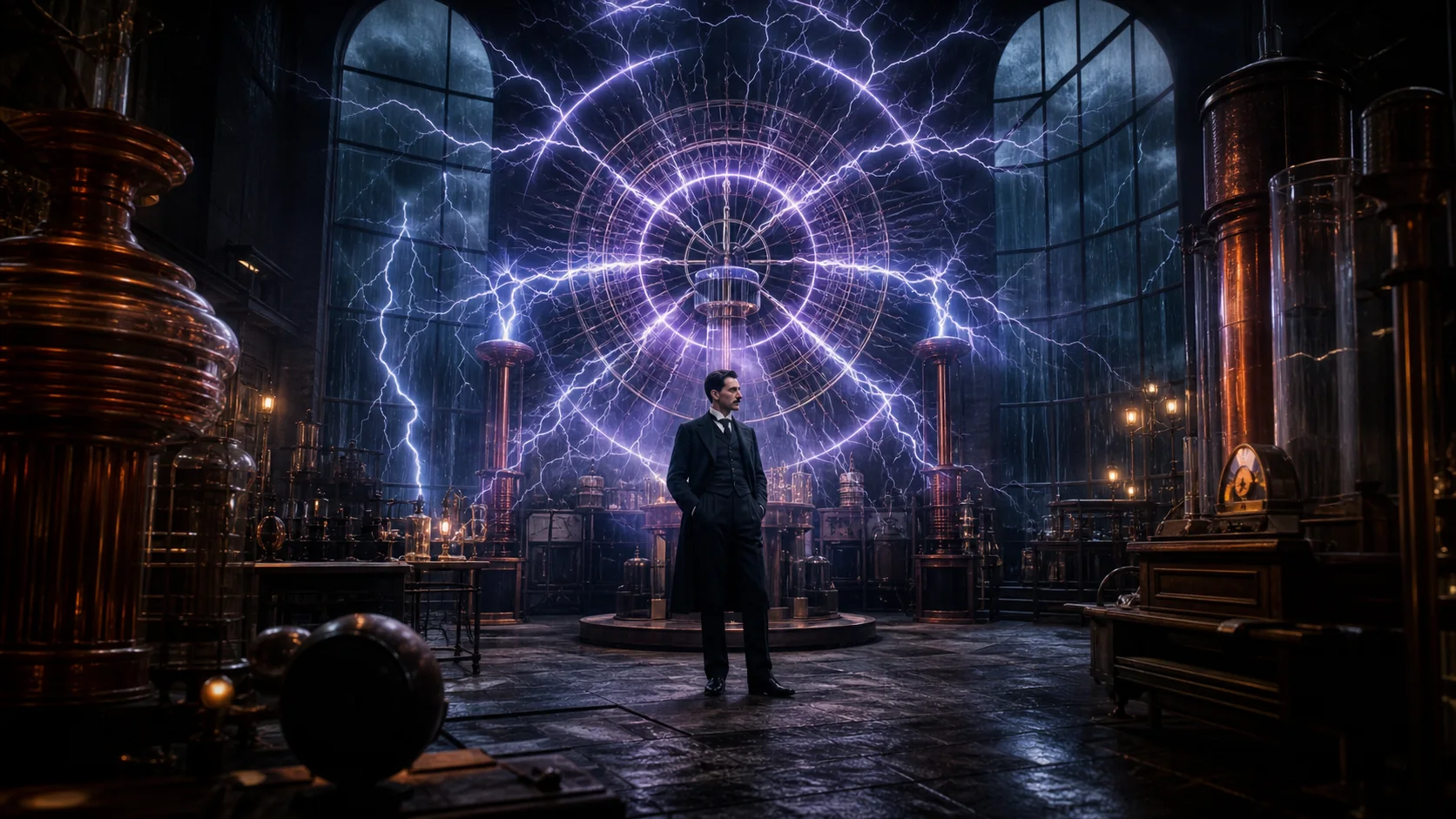 Nikola Tesla archetype in a storm-lit laboratory, coils glowing like sacred geometry