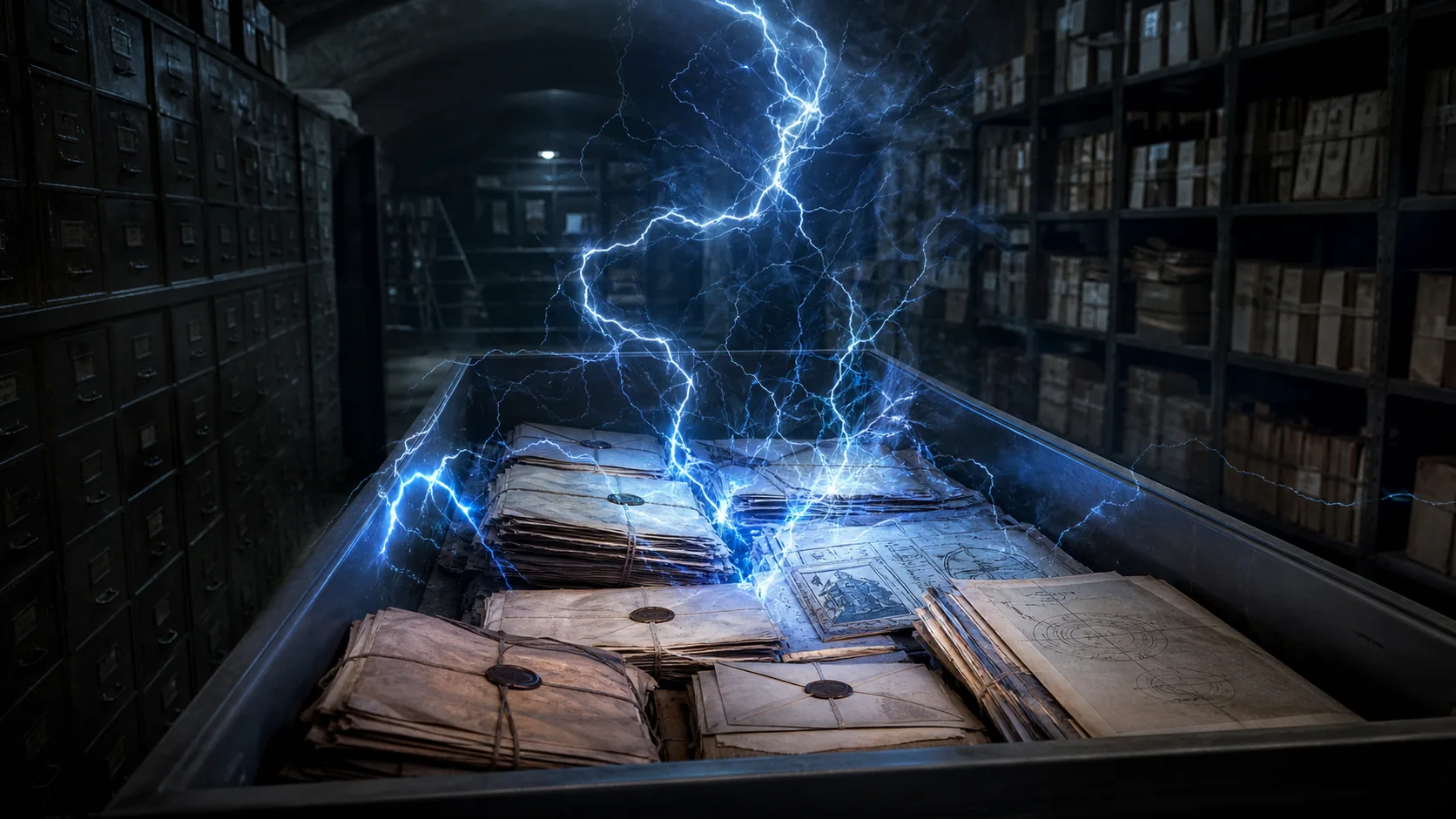 A government archive room with sealed Tesla papers, half historical file and half mythic lightning