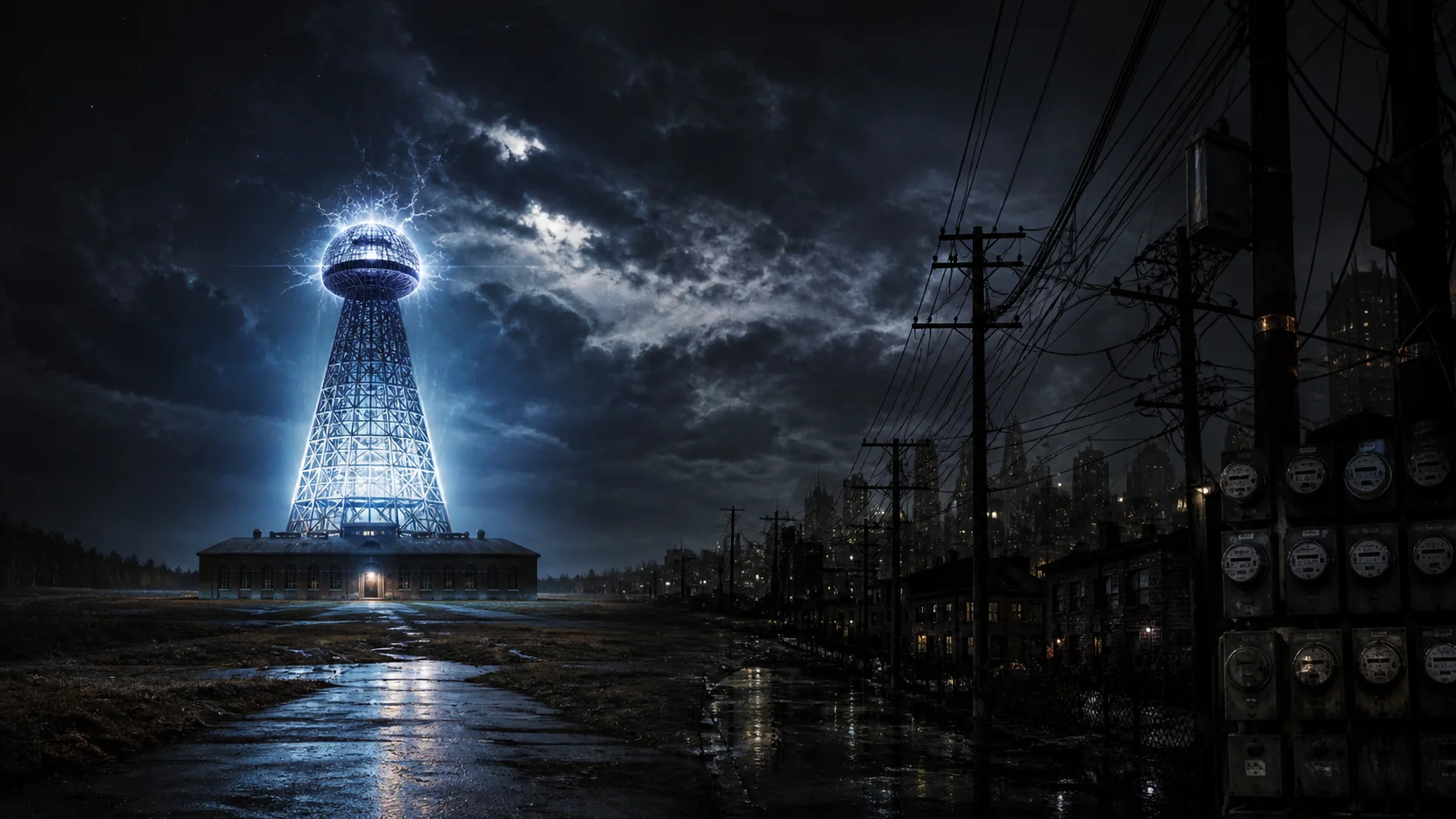Wardenclyffe Tower as a luminous wireless power antenna facing a dark city of meters and billing wires
