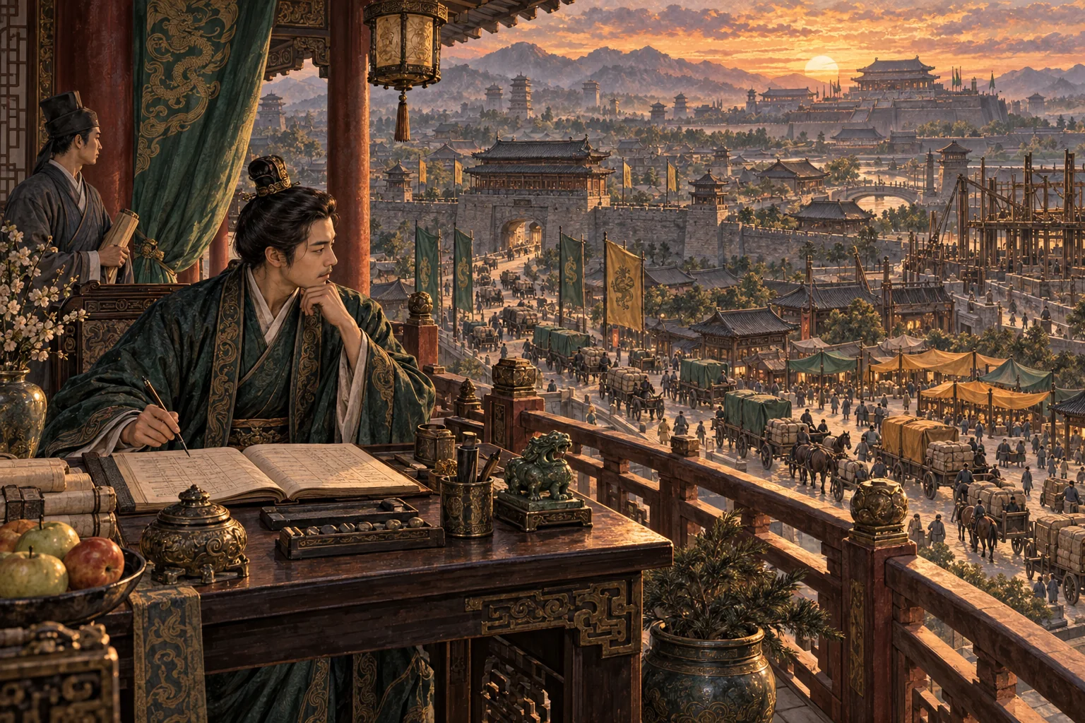 Từ hiên phủ cao nhìn xuống thành phố, người coi xa hành xem sổ trước những cổng xe và dòng người bên dưới