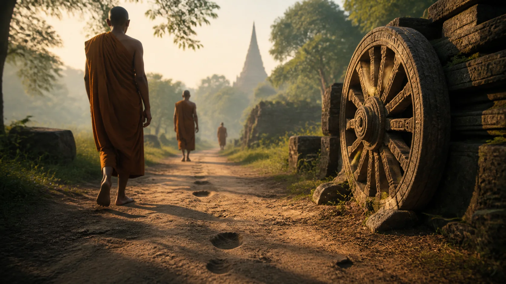 một dấu chân người trên đường đất cạnh bánh xe Pháp, nhấn mạnh lịch sử và ký ức tôn giáo