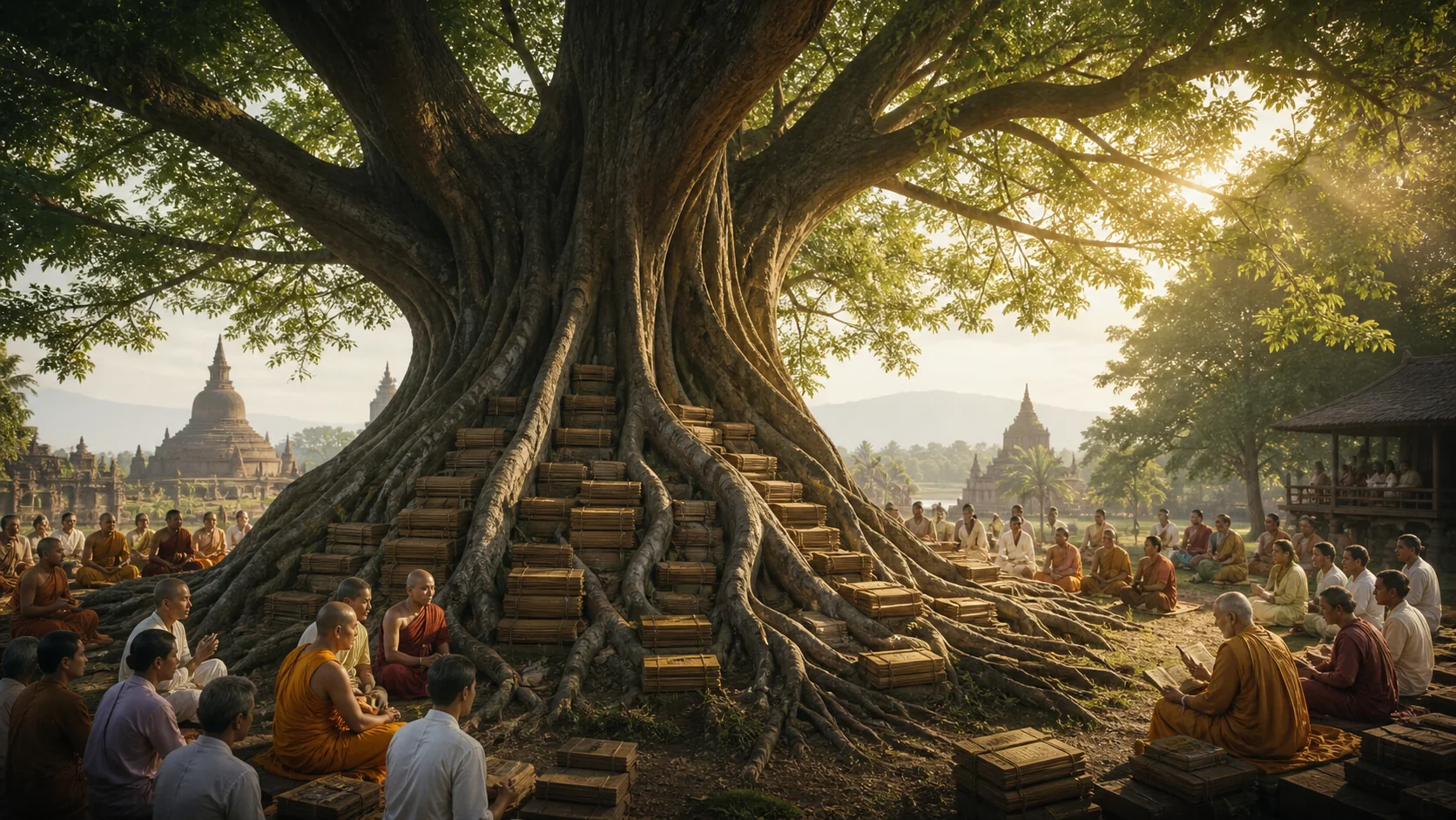 cây cổ thụ có rễ là văn bản Pāli và nhiều cành là cộng đồng hiện đại