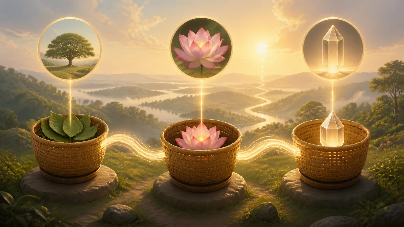 ba giỏ lá bối tượng trưng Luật, Kinh và Vi Diệu Pháp, nối bằng đường truyền khẩu