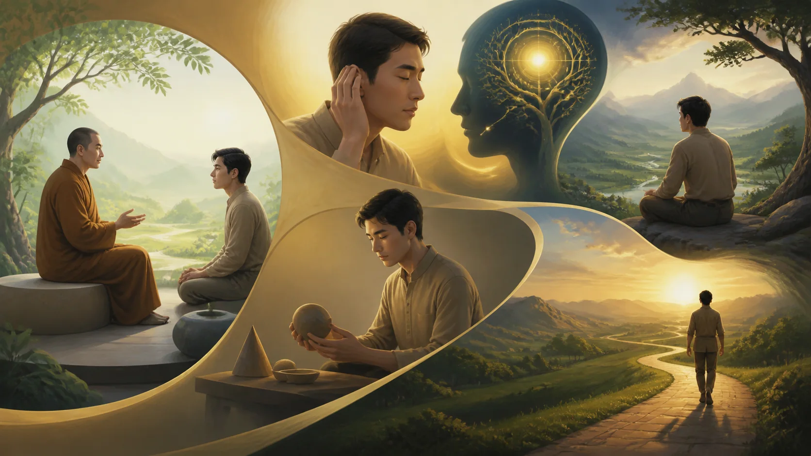 chuỗi gặp người dạy, lắng nghe, ghi nhớ, khảo sát nghĩa và thực hành trên con đường