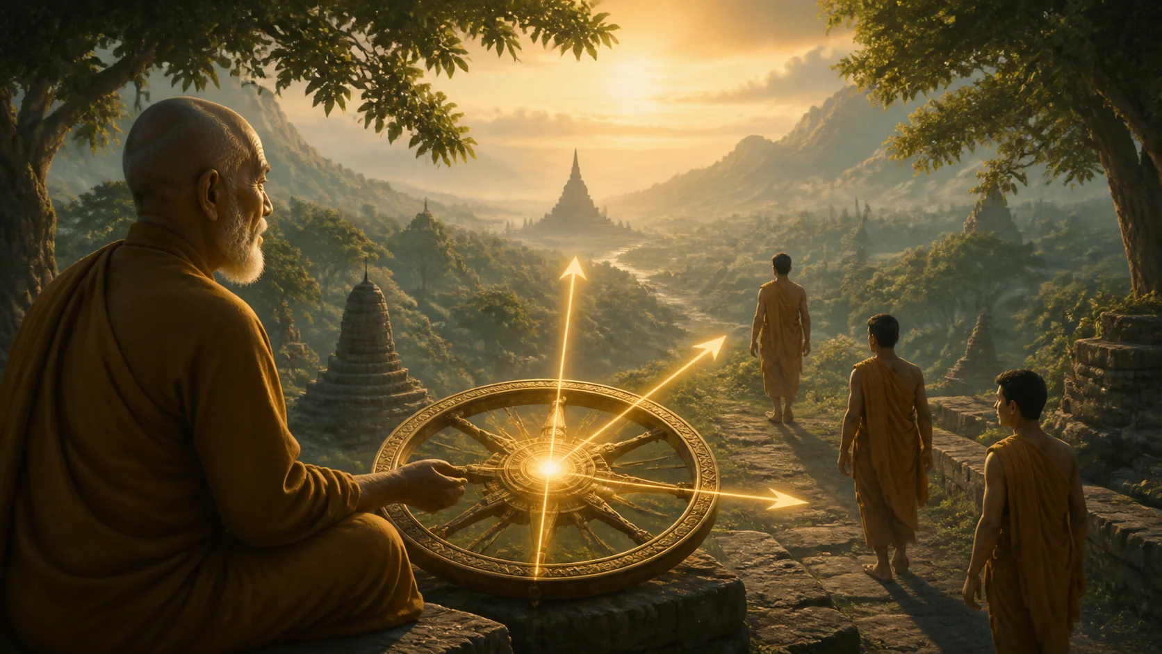 la bàn Tứ Đế định hướng ba mũi tên xuất ly, không sân và không hại