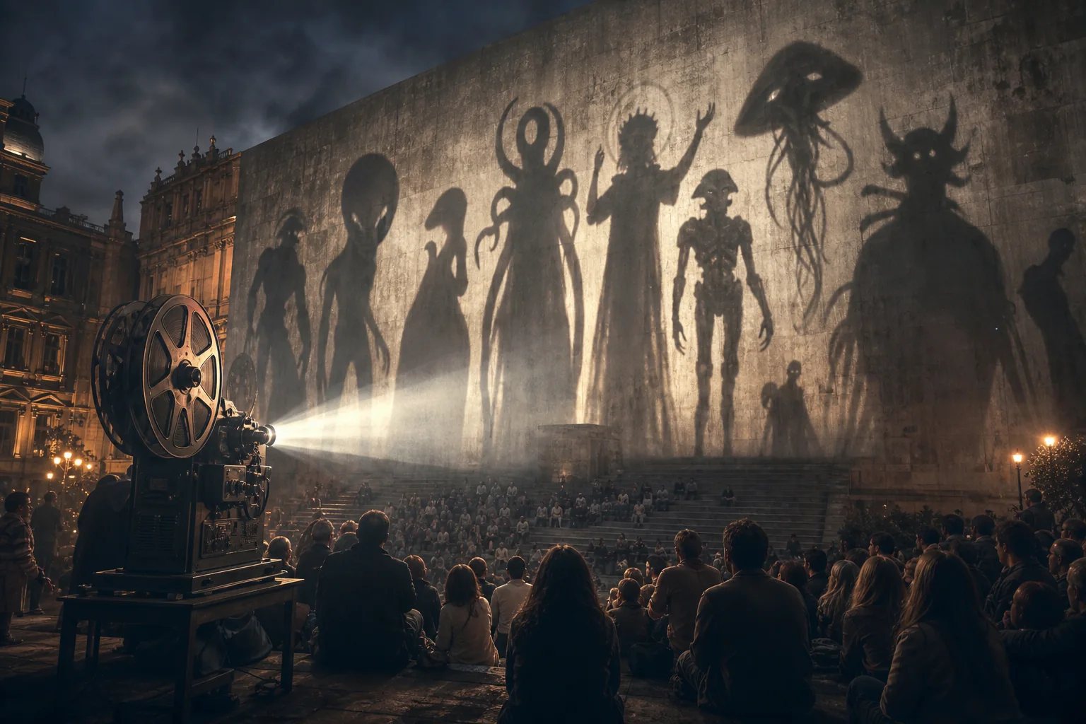 Máy chiếu điện ảnh phóng nhiều bóng alien archetype lên bức tường imagination tập thể: awe, fear, savior, invader và trickster