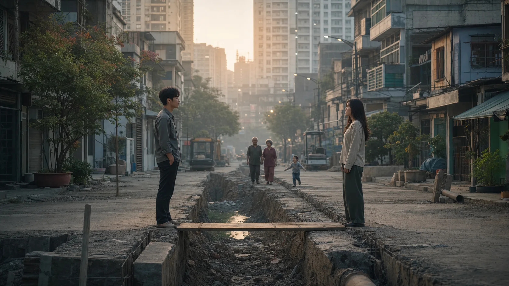 Hai người trẻ Việt Nam đứng trước một đường chia cắt chưa hoàn thành, giữa họ vẫn còn một cây cầu