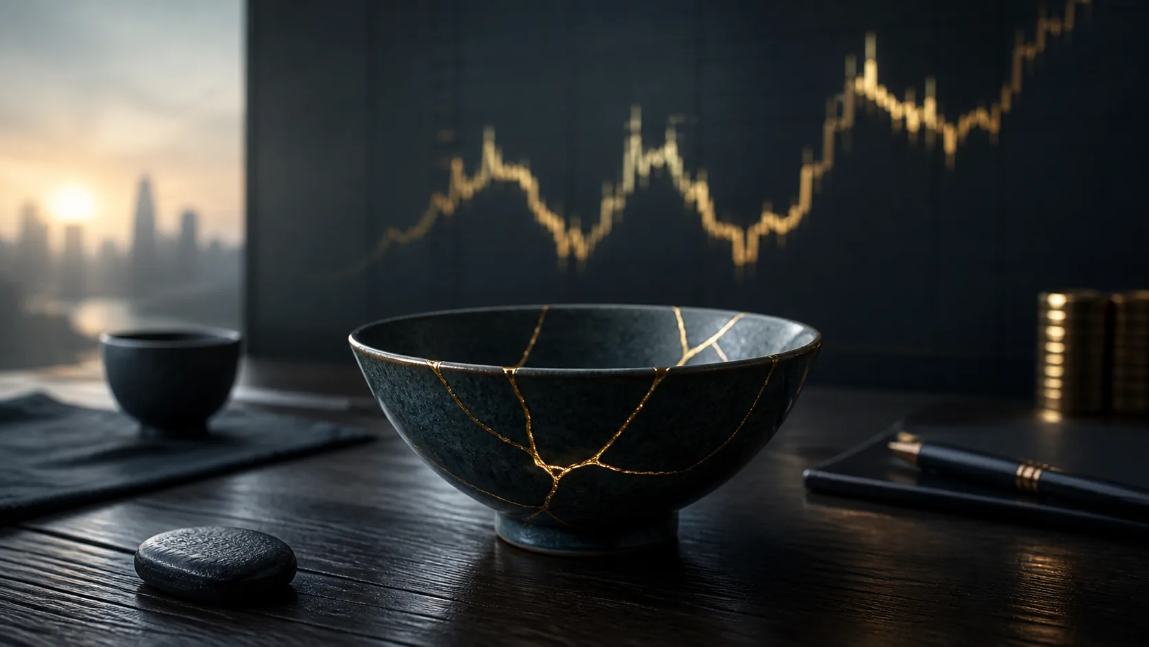 Một chiếc bát gốm Kintsugi đặt cạnh biểu đồ thị trường trong căn phòng tối, các đường vàng trên thân bát phản chiếu thành những đường giá, biểu tượng cho một hệ thống không hoàn hảo nhưng vẫn nguyên vẹn