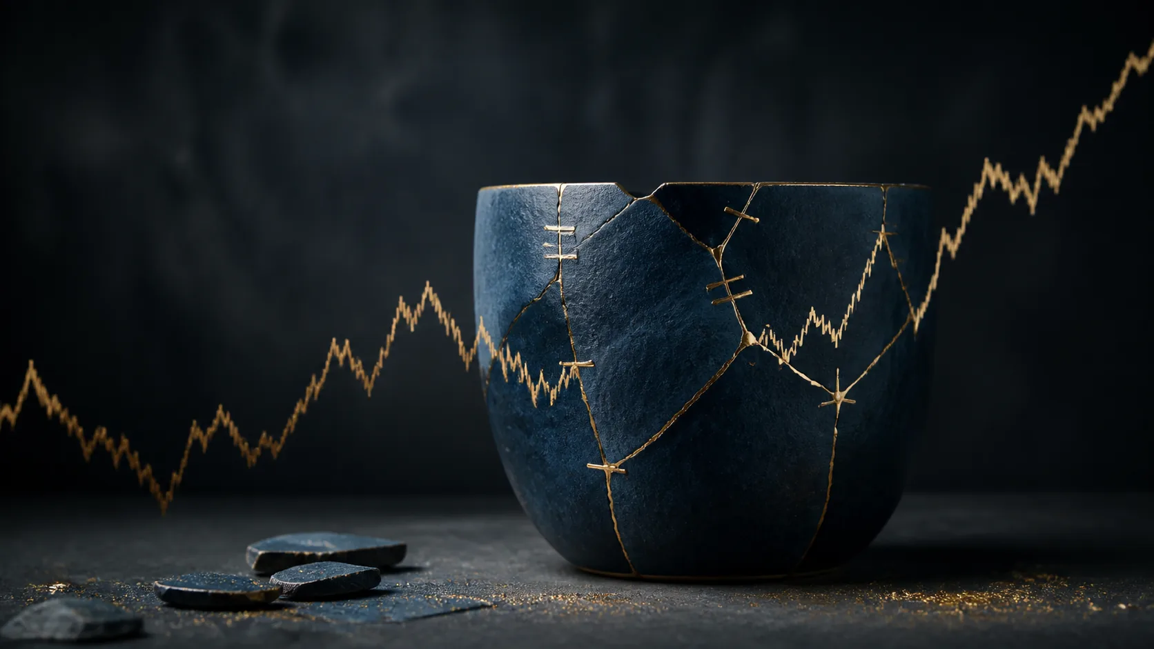 Một biểu đồ giá đi xuyên qua chiếc bát gốm đã nứt, các stop-loss nhỏ phát sáng như những điểm khâu vàng giữ cấu trúc không sụp đổ, phong cách editorial realism