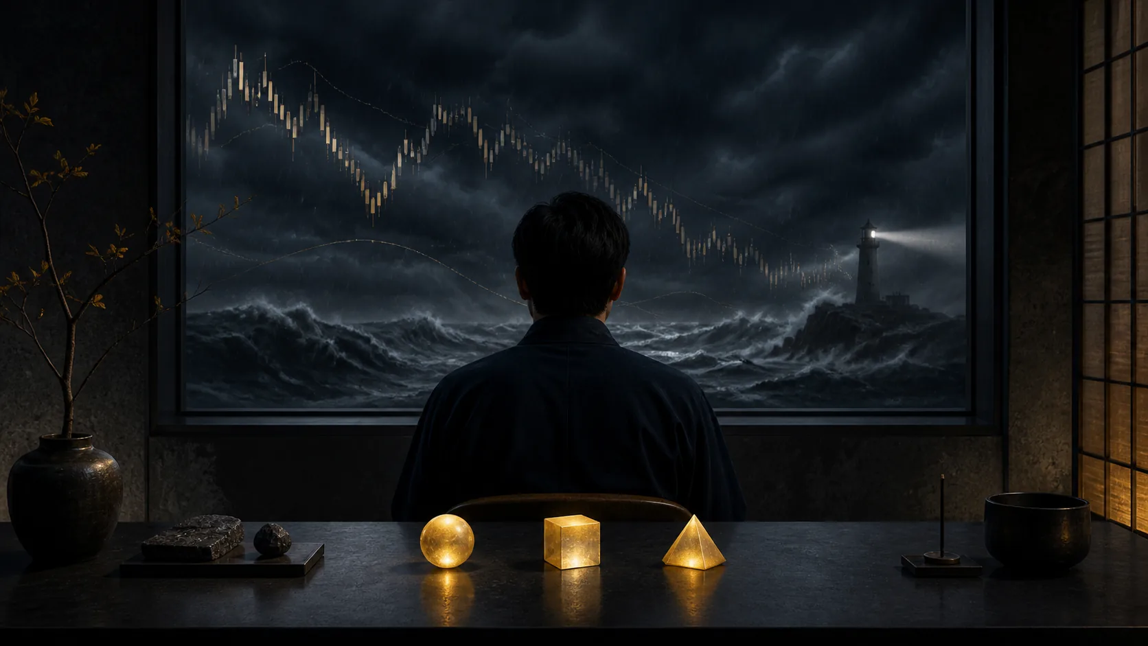 Một trader bình thản ngồi trước màn hình trong khi bão giá chuyển động phía ngoài cửa kính, trên bàn chỉ có ba vật sáng: entry, stop-loss và position size