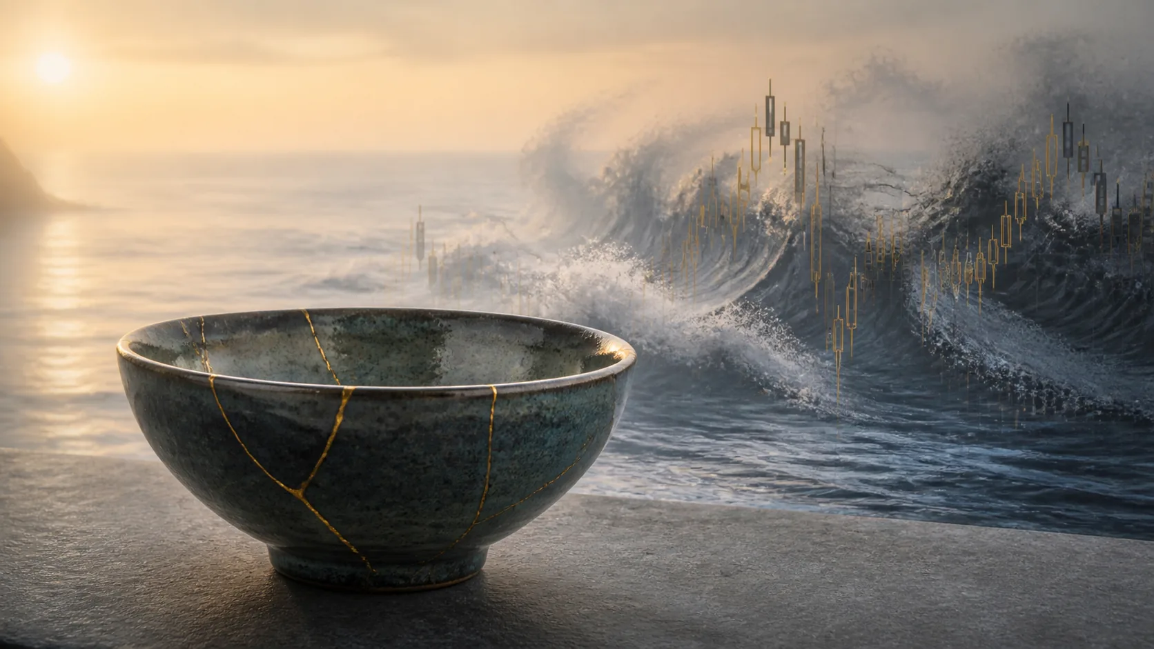 Một chiếc bát Kintsugi hoàn chỉnh đặt trong ánh sáng bình minh, phía sau biểu đồ thị trường tan dần thành sóng và sương, cảm giác tĩnh lặng sau bất định