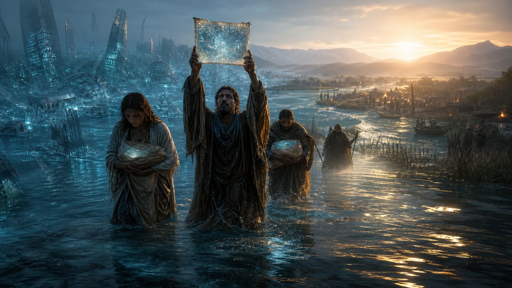 Survivors carrying star maps from a drowned crystal city toward new river civilizations