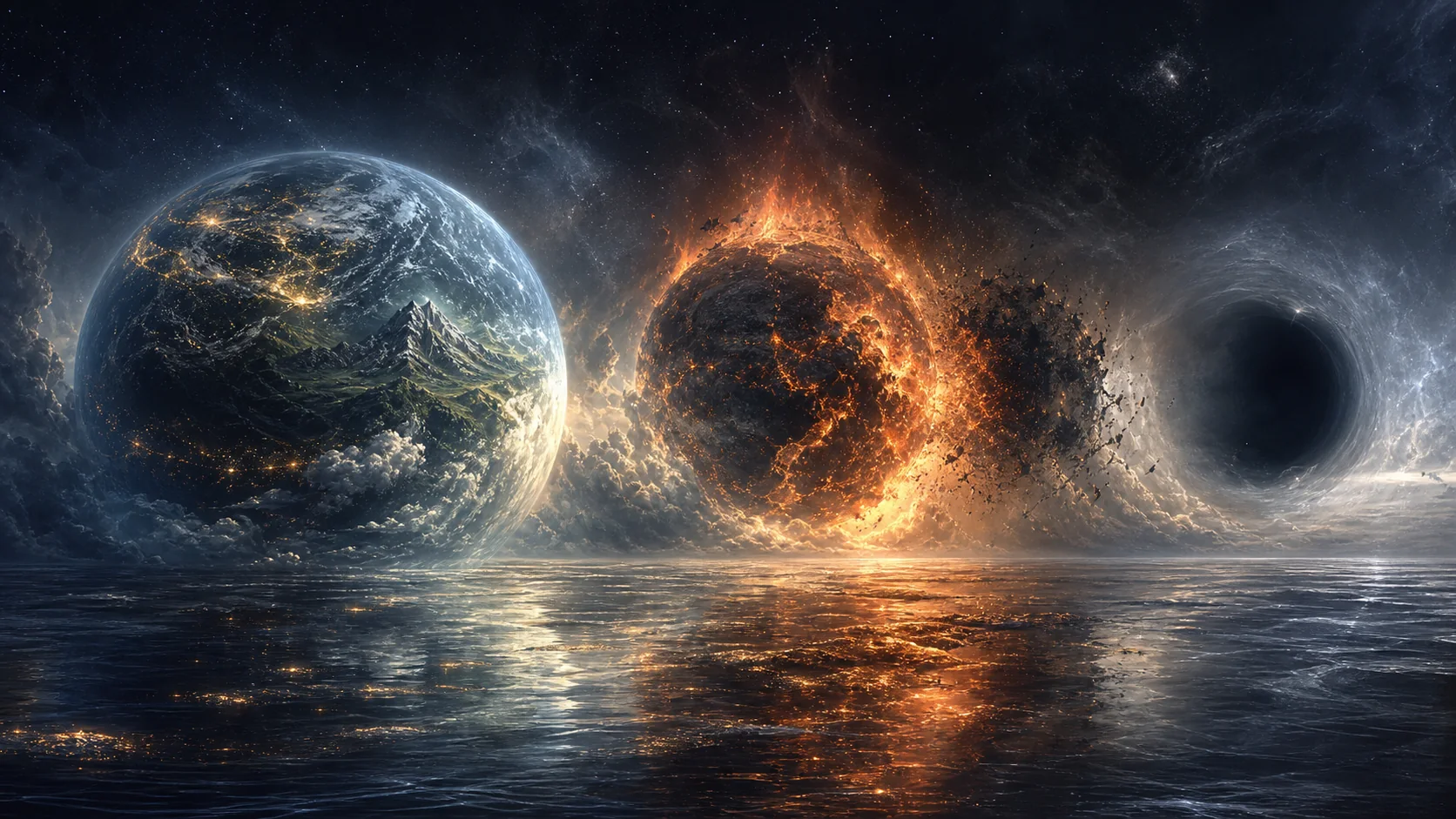 A vast Buddhist cosmological ocean with worlds forming, enduring, burning, then resting in void