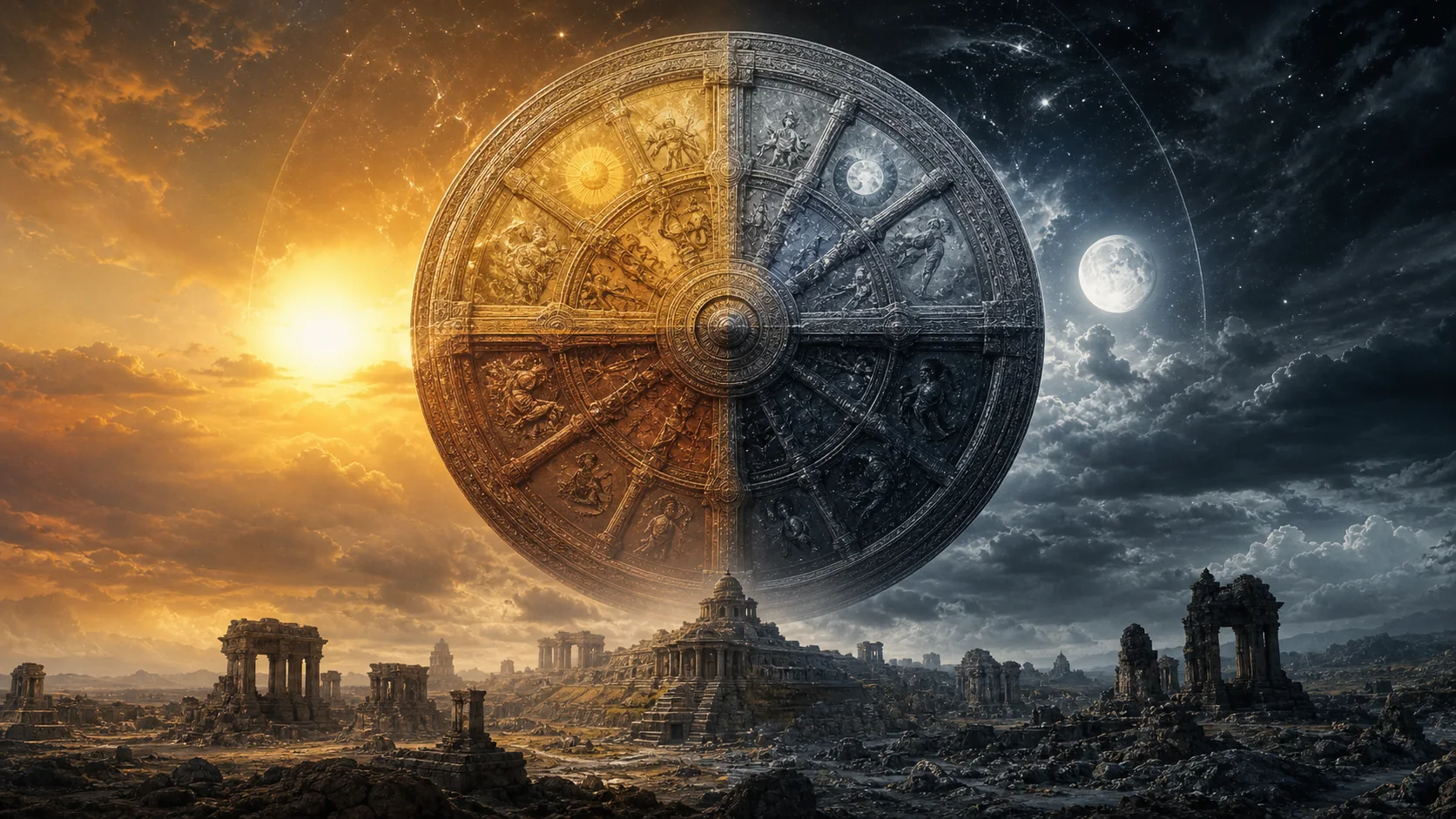 Ancient cosmic wheel turning through golden, silver, bronze and dark ages above ruined temples