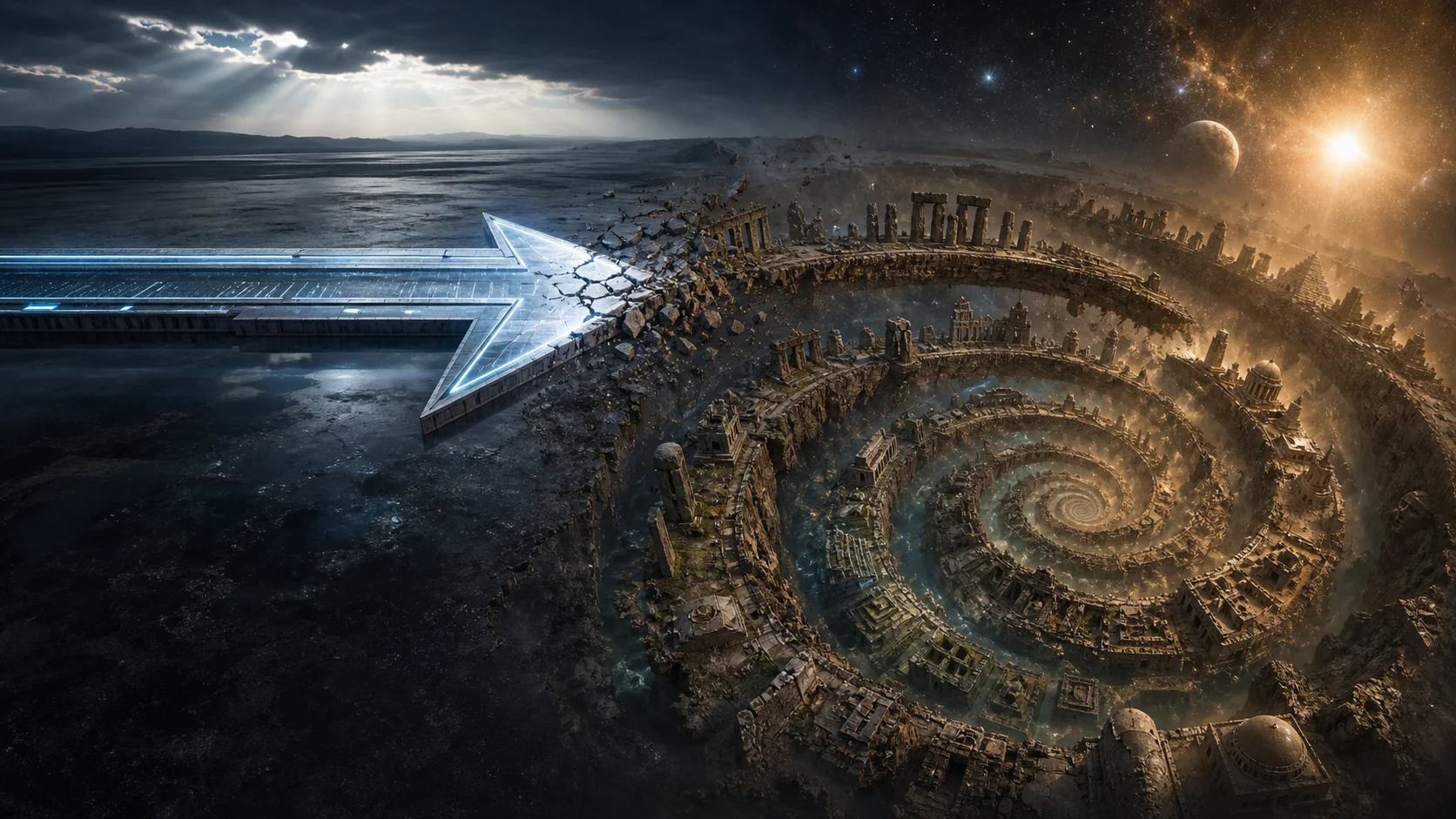 A straight modern progress arrow cracking into a spiral timeline of lost civilizations